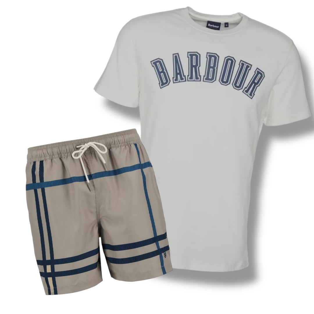 BARBOUR BIG LOGO T-SHIRT & SWIM SHORTS COMBO WHITE - STONE CHECK