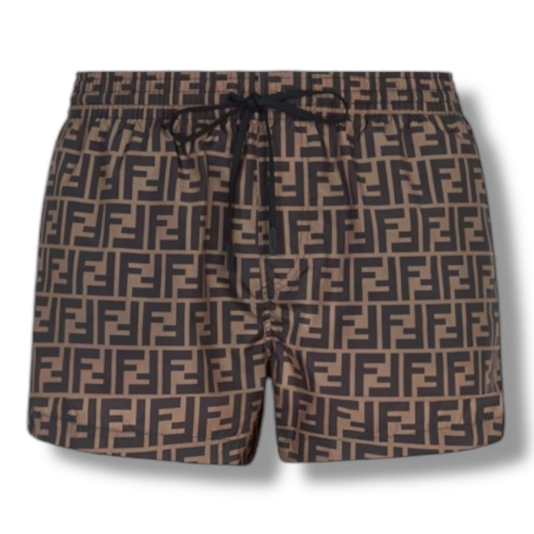 FENDI FF LOGO SWIM SHORTS BROWN