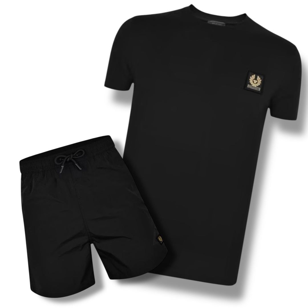 BELSTAFF PATCH LOGO T-SHIRT & NYLON METAL SWIM SHORTS BLACK