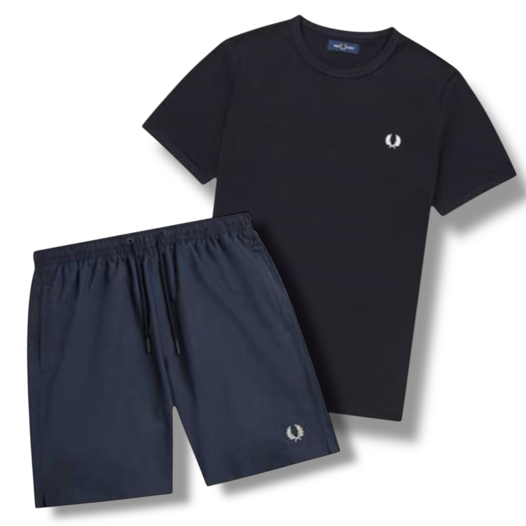 FRED PERRY T-SHIRT & SWIM SHORTS COMBO NAVY BLUE