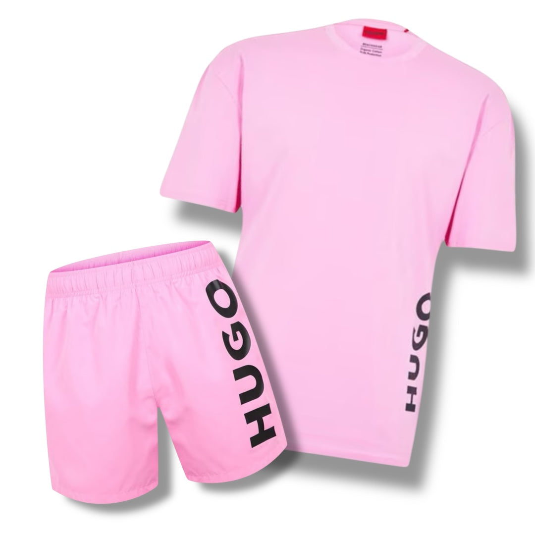 HUGO VERTI LOGO T-SHIRT & VERTI SWIM SHORTS COMBO PINK