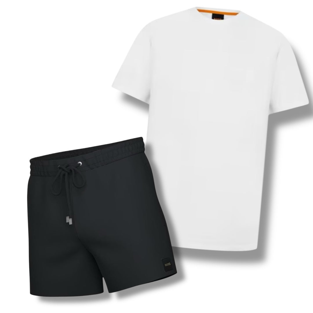 HUGO BOSS PATCH LOGO T-SHIRT & SWIM SHORTS COMBO WHITE /BLACK