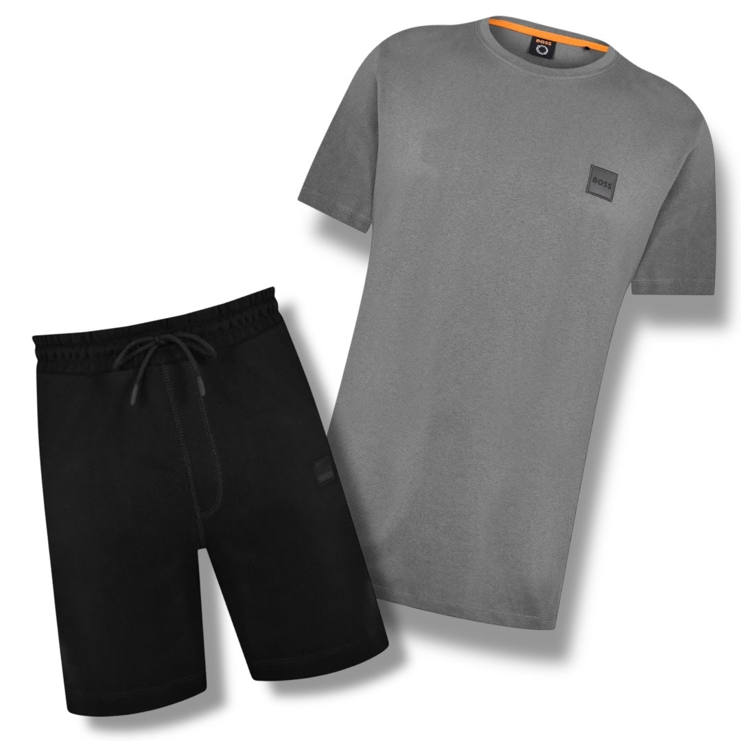 HUGO BOSS PATCH T-SHIRT & JERSEY SHORTS SET SLATE GREY & BLACK