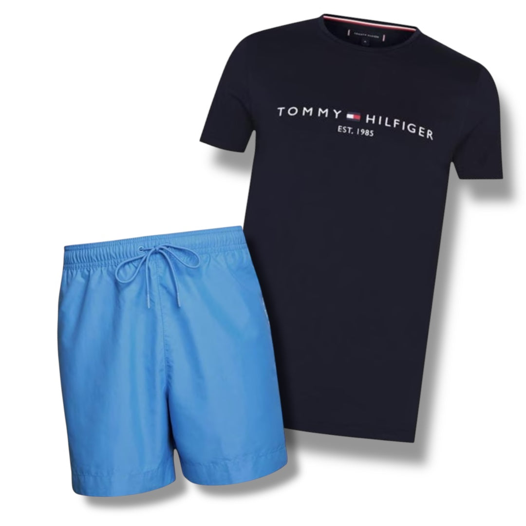 TOMMY HILFIGER EMBROIDERED LOGO T-SHIRT & SWIM SHORTS COMBO NAVY / BLUE