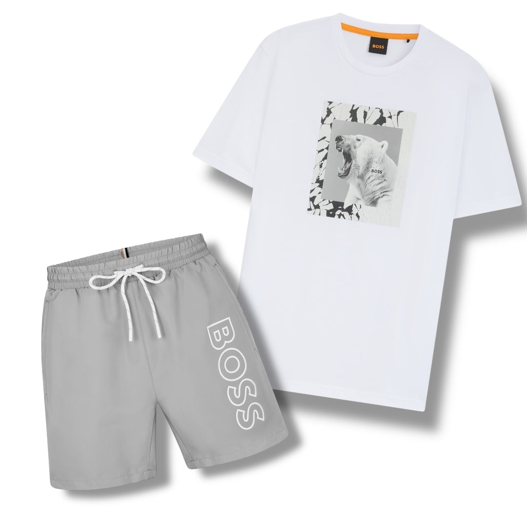 HUGO BOSS POLAR BEAR LOGO T-SHIRT & VERTI SWIM SHORTS SET WHITE & GREY
