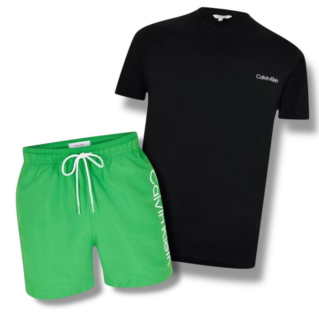 CALVIN KLEIN T-SHIRT & SWIM SHORTS COMBO BLACK / GREEN