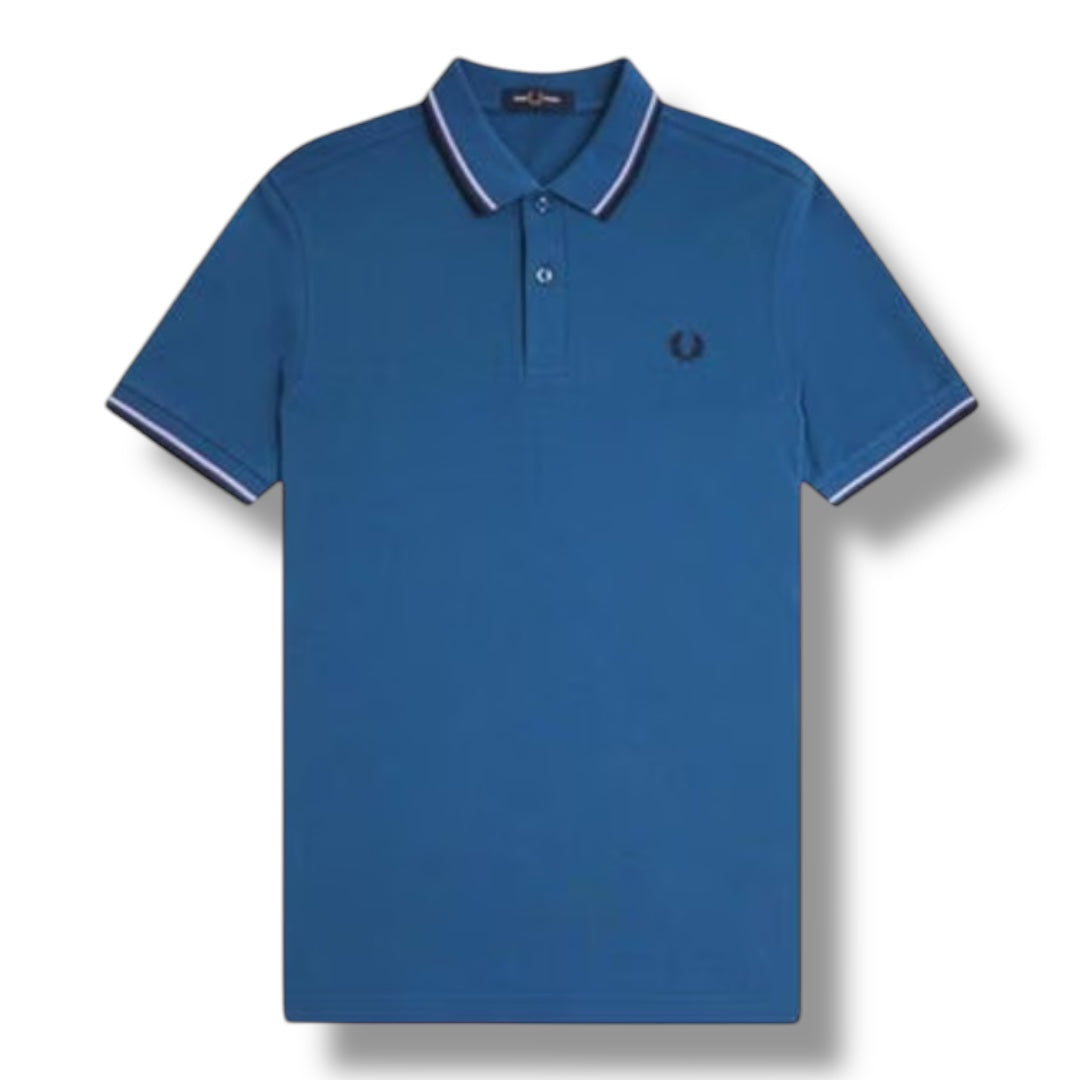 FRED PERRY TWIN TIPPED POLO SHIRT STONE MID BLUE