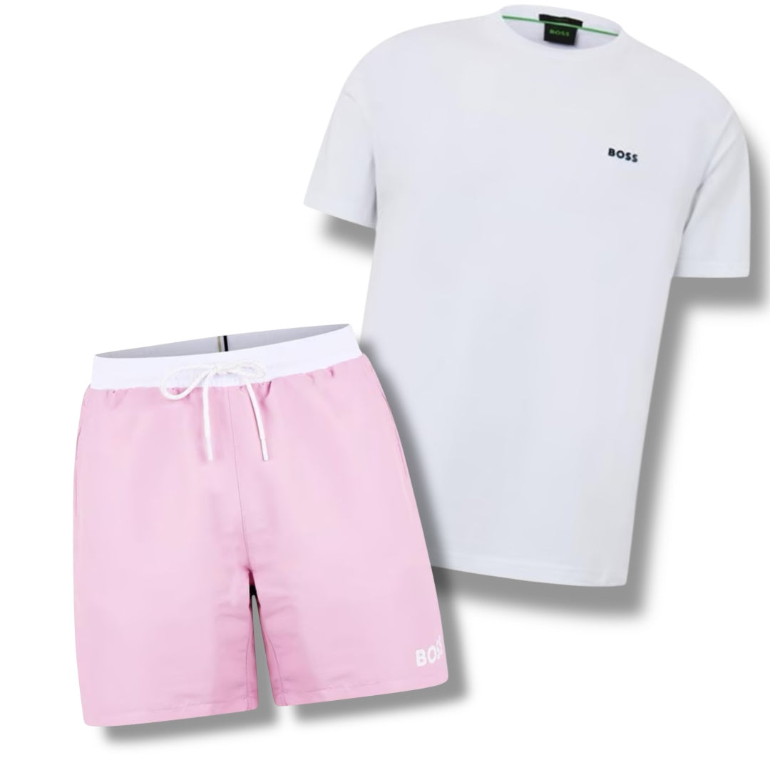 HUGO BOSS SMALL LOGO T-SHIRT & SWIM SHORTS COMBO WHITE / PINK