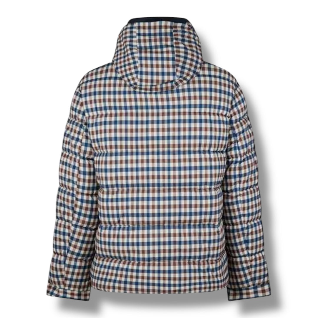 AQUASCUTUM HOODED PUFFER JACKET CHECK ALL OVER BROWN