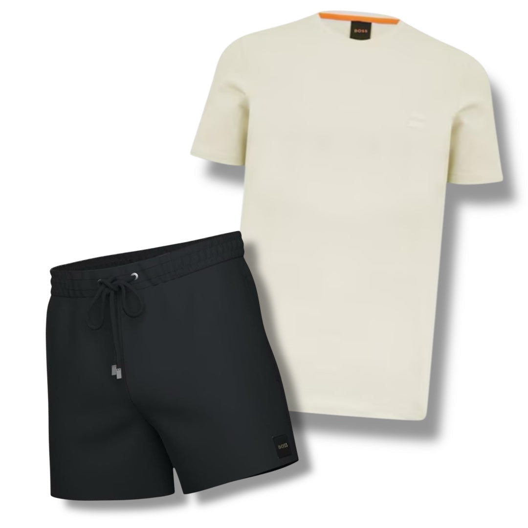 HUGO BOSS PATCH LOGO T-SHIRT & SWIM SHORTS COMBO BEIGE / BLACK