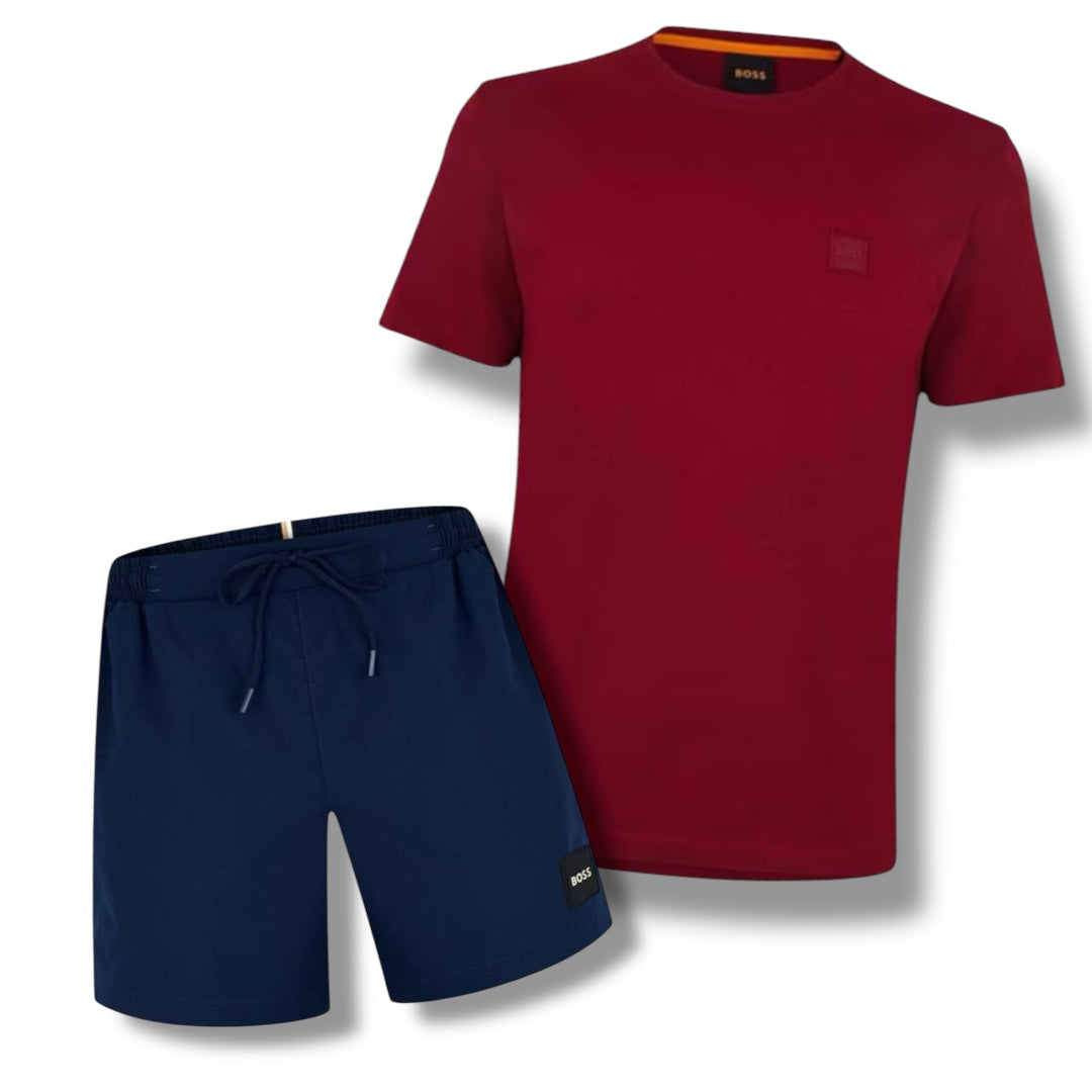 HUGO BOSS PATCH LOGO T-SHIRT & SWIM SHORTS COMBO RED / NAVY BLUE