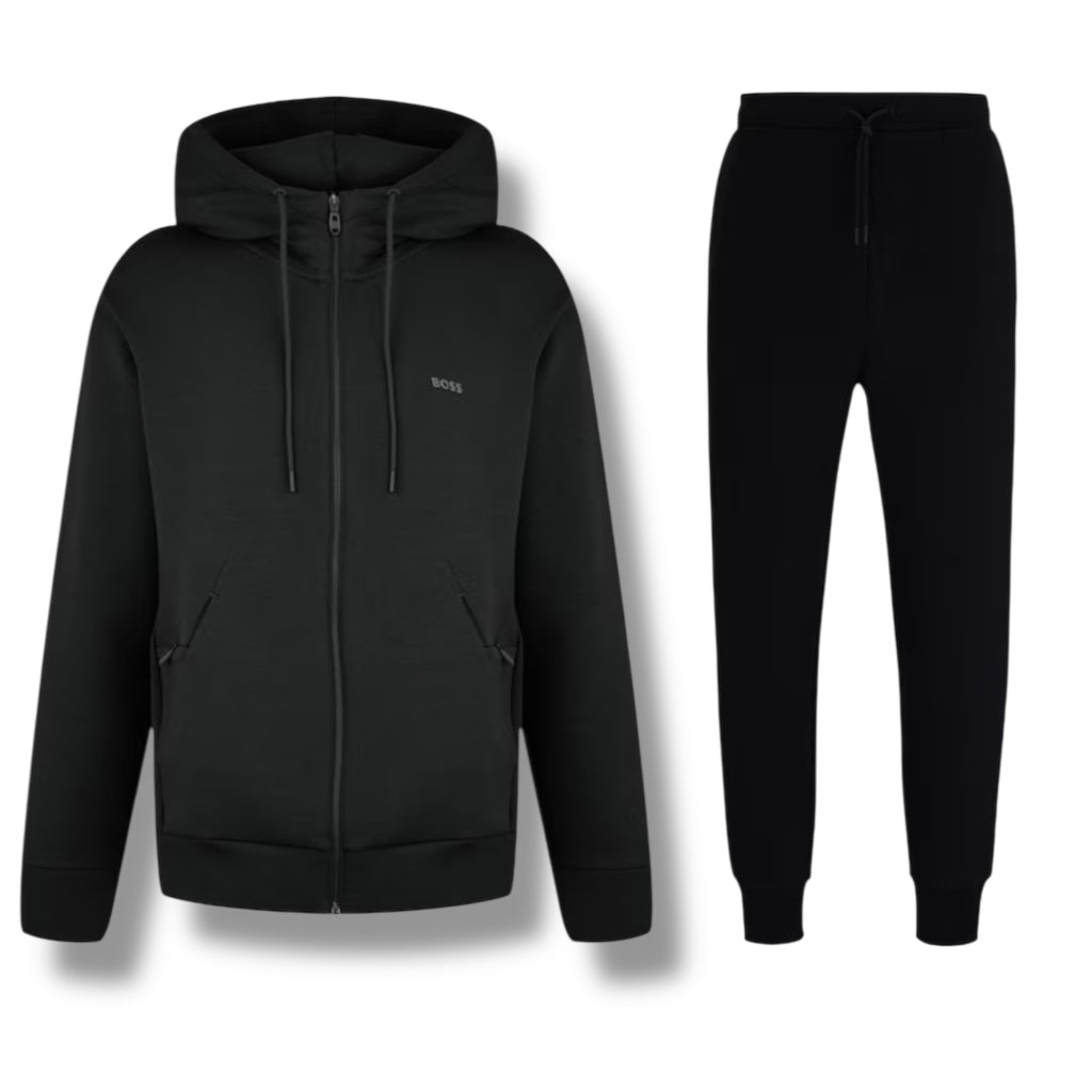 HUGO BOSS CURVED LOGO FULL ZIP HOODED TRACKSUIT BLACK