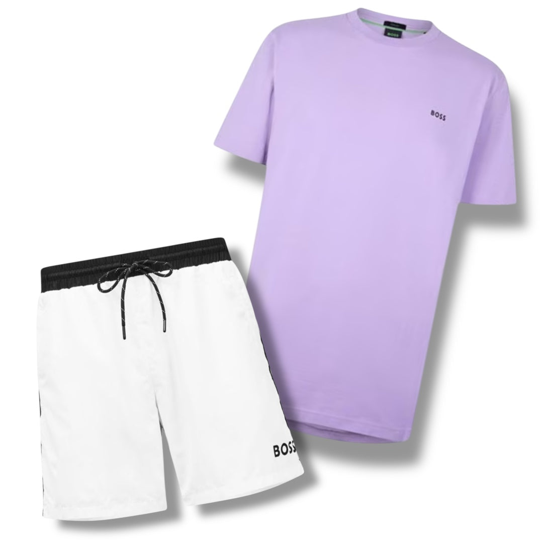 HUGO BOSS SMALL LOGO T-SHIRT & SWIM SHORTS COMBO PURPLE / WHITE