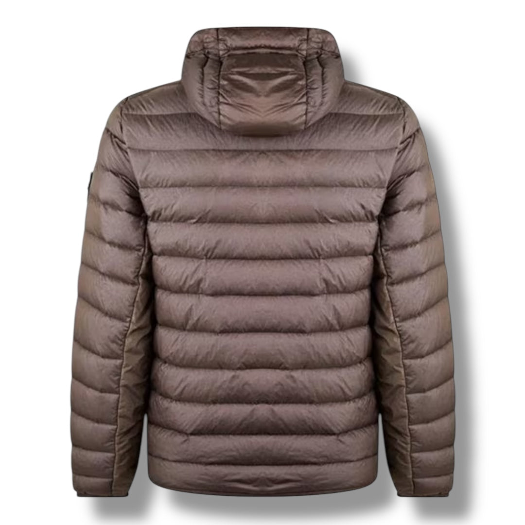STONE ISLAND LOOM WOVEN HOODED PUFFER JACKET NOCE BROWN