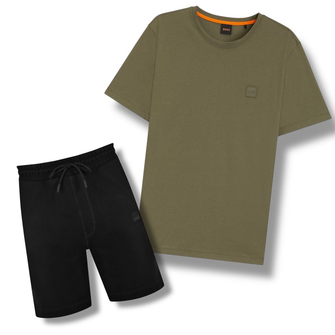 HUGO BOSS PATCH T-SHIRT & JERSEY SHORTS SET KHAKI GREEN & BLACK