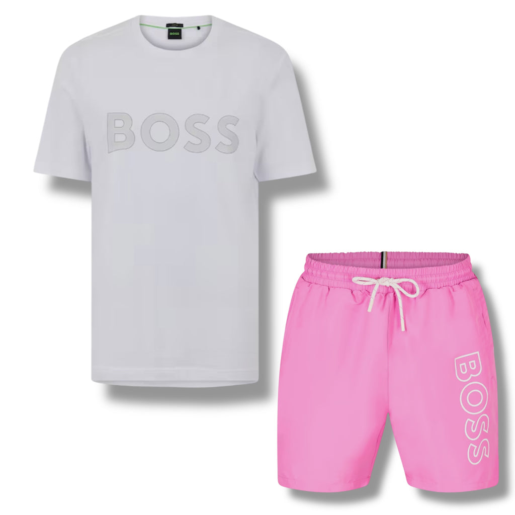 HUGO BOSS CLASSIC LOGO T-SHIRT & SWIM SHORTS SET WHITE & PINK