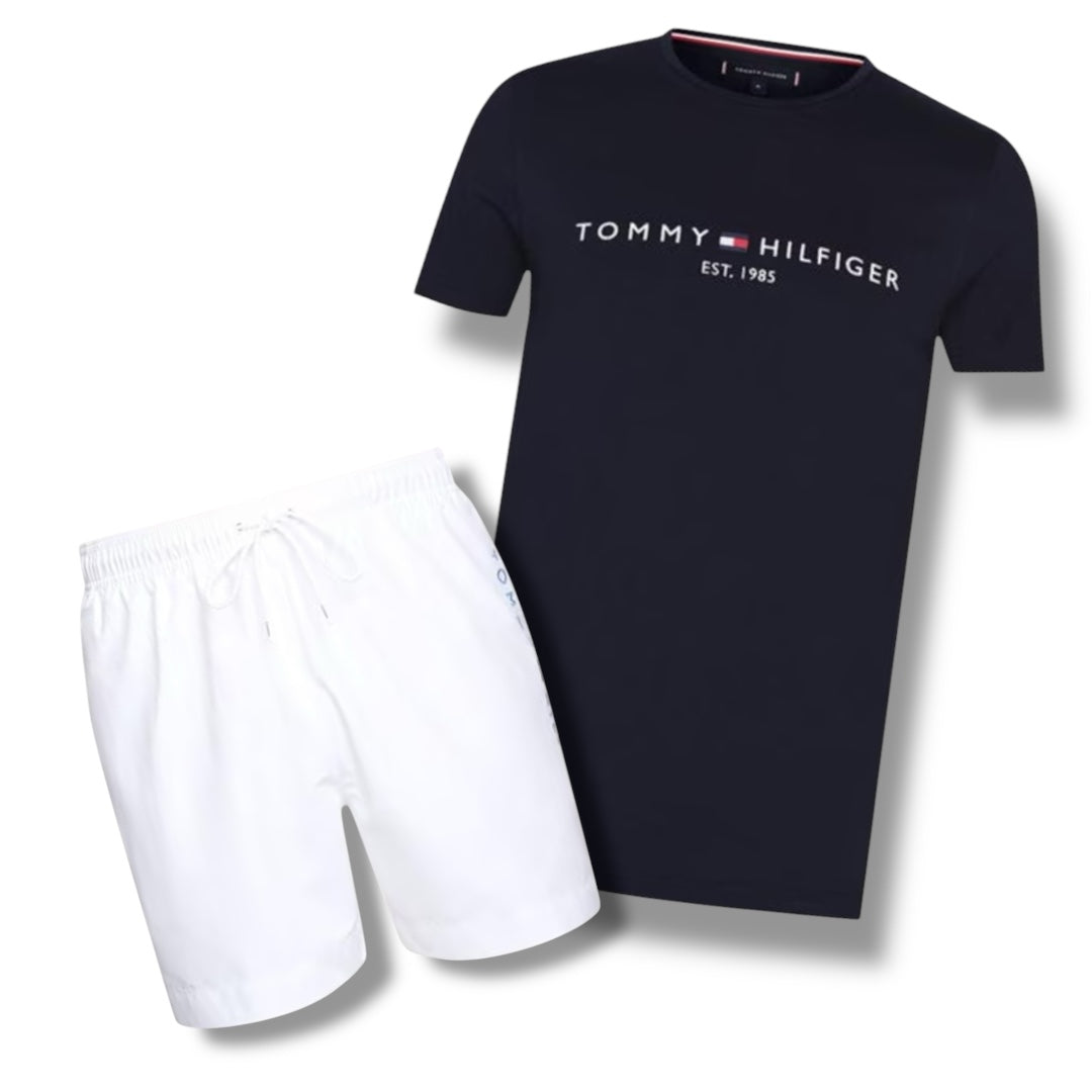 TOMMY HILFIGER EMBROIDERED LOGO T-SHIRT & SWIM SHORTS COMBO NAVY / WHITE