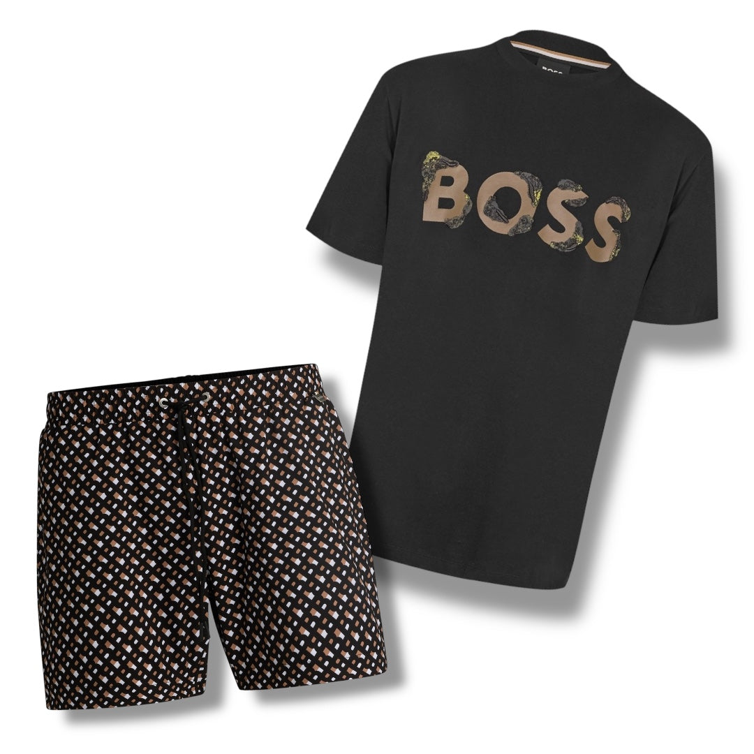 HUGO BOSS BROWN LOGO T-SHIRT & ALL OVER LOGO SWIM SHORTS SET BLACK & BROWN