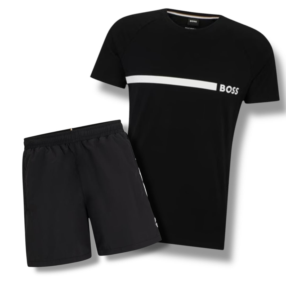 HUGO BOSS TRIM LOGO T-SHIRT & SWIM SHORTS COMBO BLACK