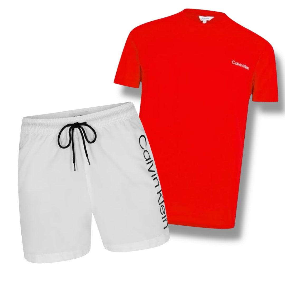 CALVIN KLEIN T-SHIRT & SWIM SHORTS COMBO RED / WHITE