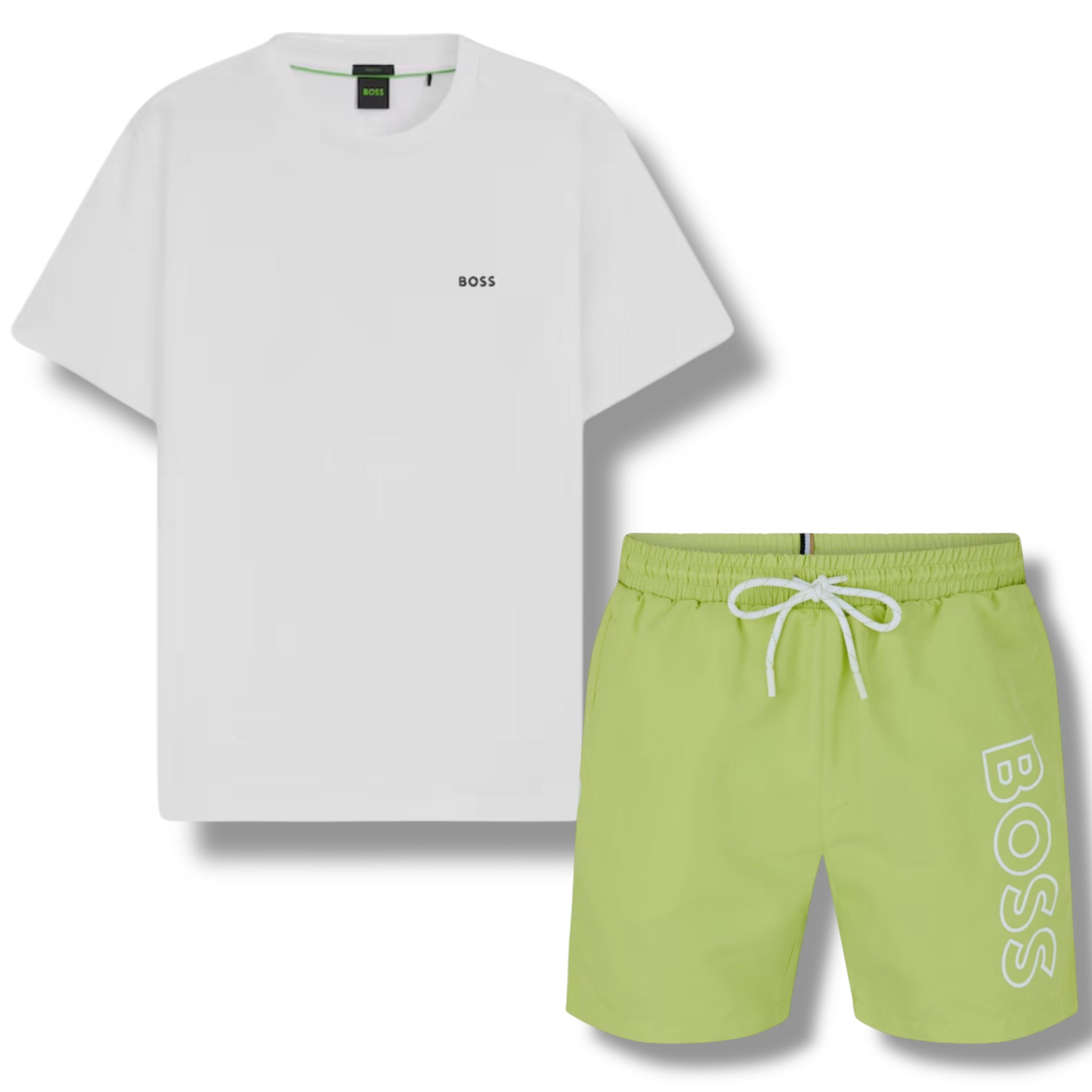 HUGO BOSS SMALL LOGO T-SHIRT & VERTI SWIM SHORTS SET WHITE & LIME GREEN