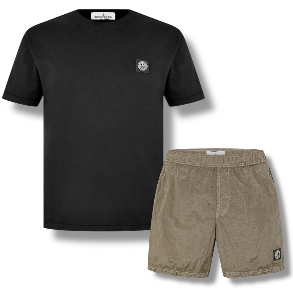STONE ISLAND PATCH LOGO T-SHIRT & NYLON METAL SWIM SHORTS COMBO BLACK / ARMY GREEN