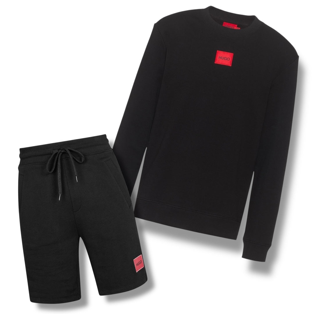 HUGO BOSS HUGO RED PATCH SWEATSHIRT & JERSEY SHORTS SET BLACK