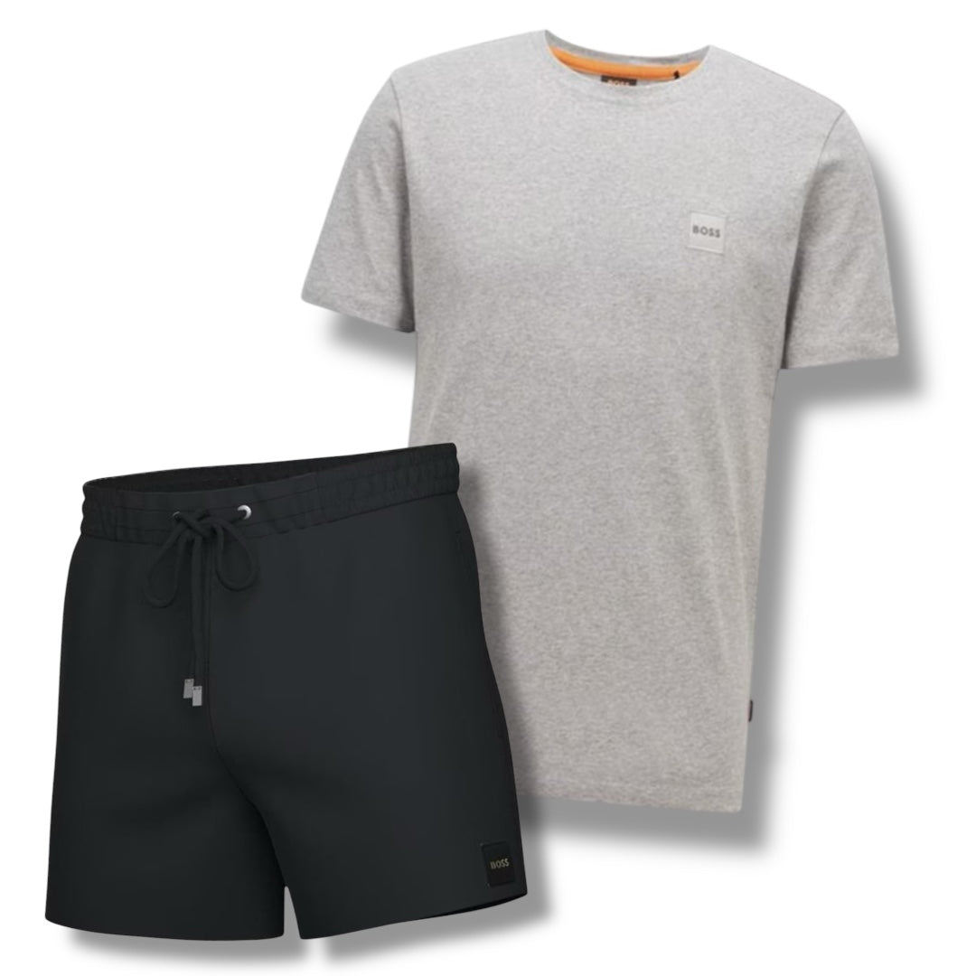 HUGO BOSS PATCH LOGO T-SHIRT & SWIM SHORTS COMBO GREY / BLACK