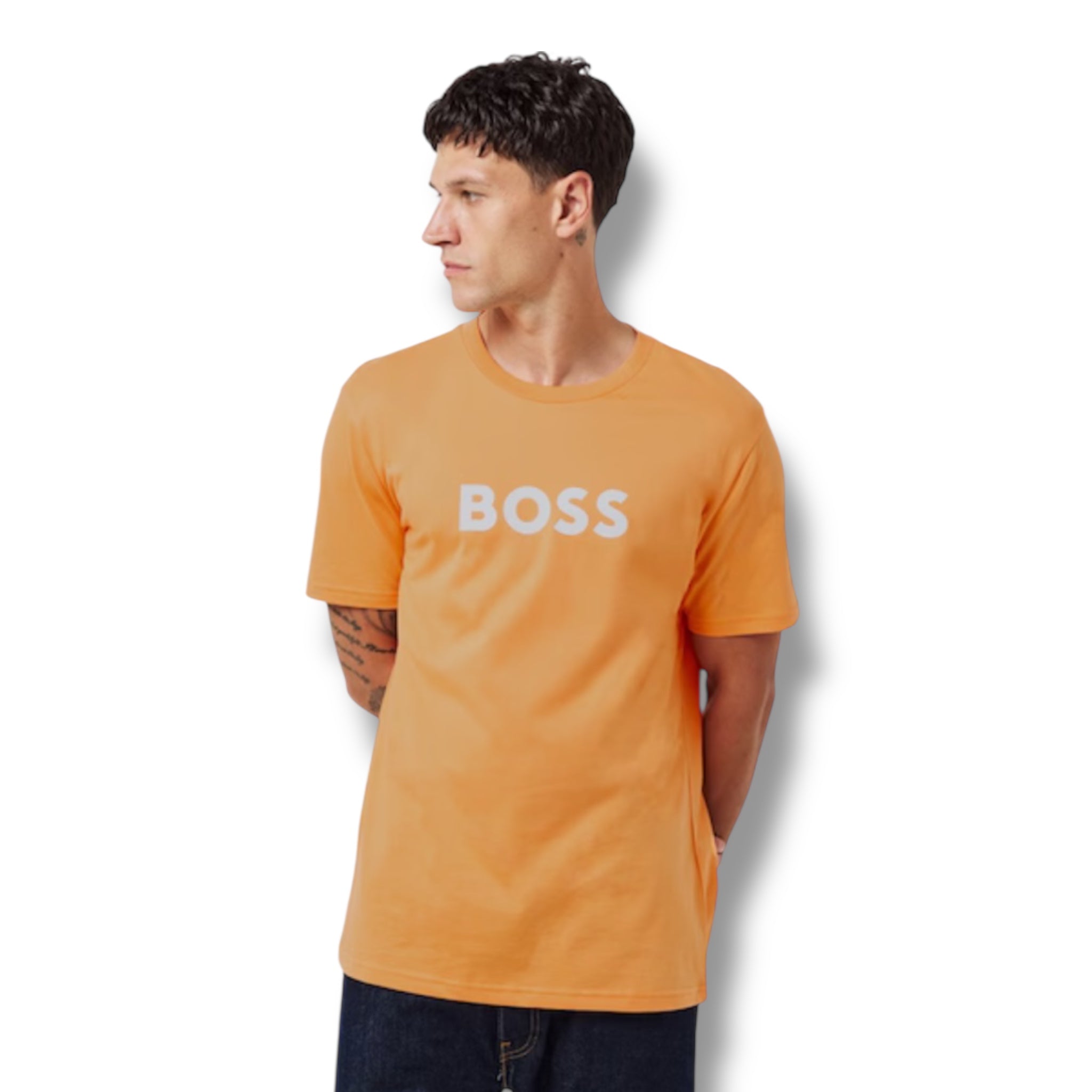 HUGO BOSS BIG LOGO T-SHIRT & SWIM SHORTS COMBO ORANGE
