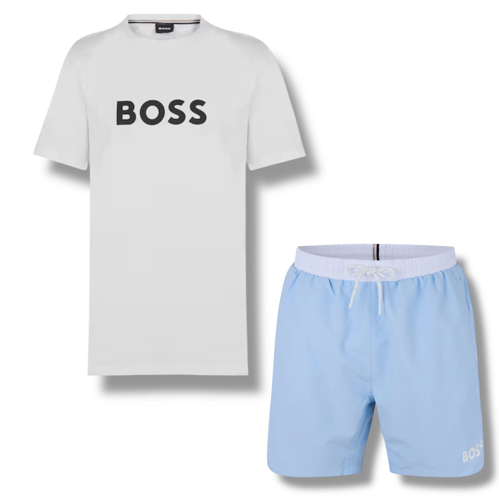 HUGO BOSS BIG LOGO T-SHIRT & SWIM SHORTS COMBO WHITE & LIGHT BLUE