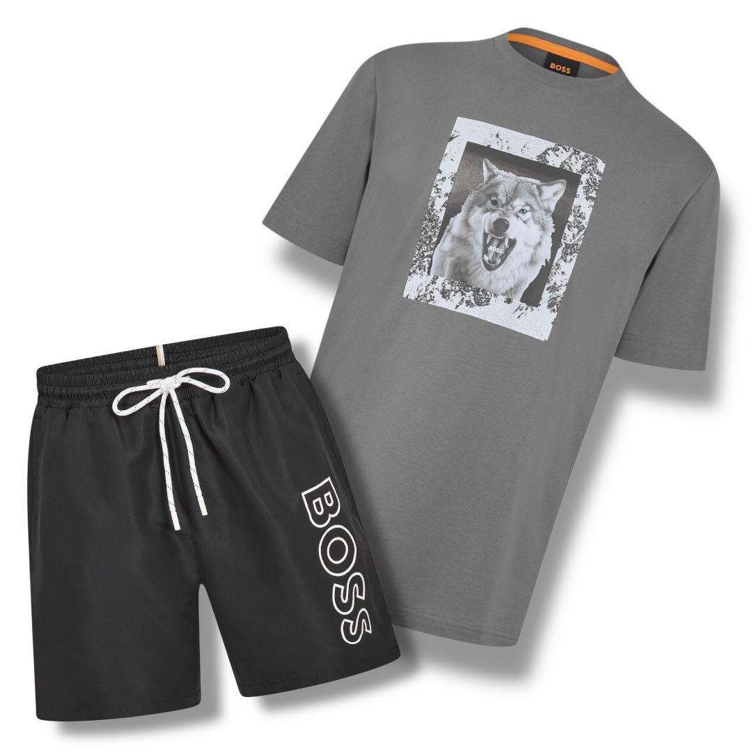 HUGO BOSS WOLF LOGO T-SHIRT & VERTI SWIM SHORTS SET GREY & BLACK