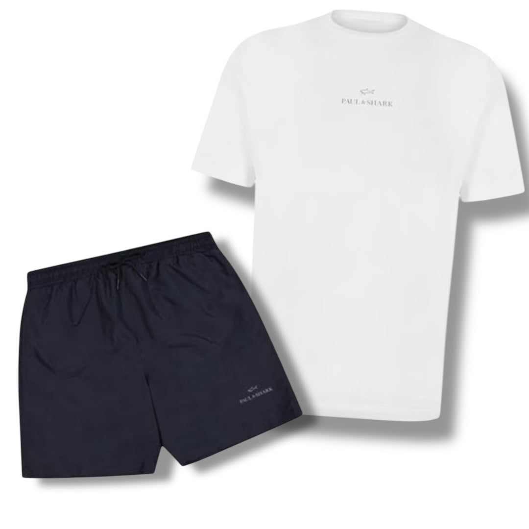 PAUL & SHARK T-SHIRT & SWIM SHORTS COMBO WHITE & NAVY BLUE