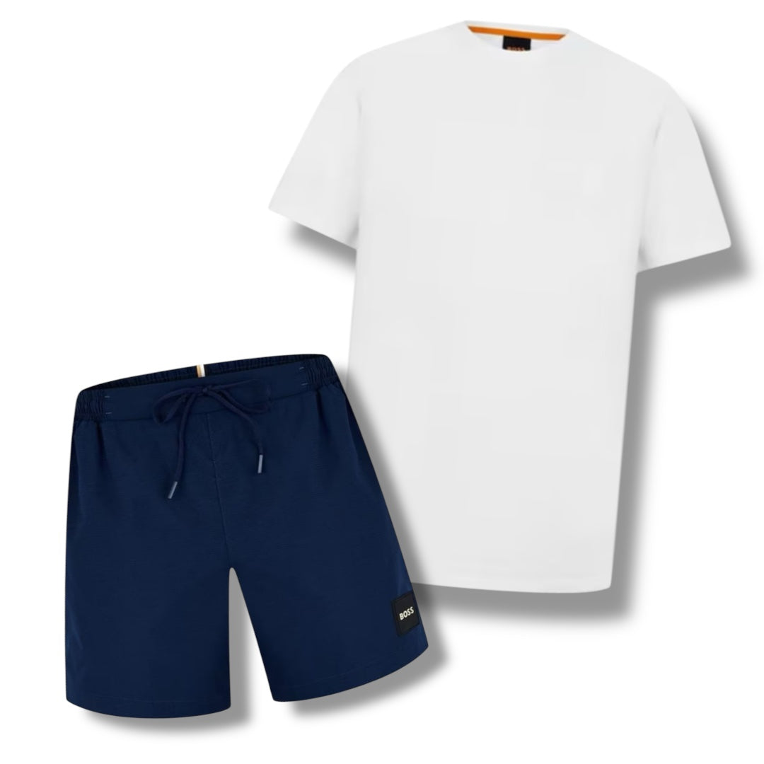 HUGO BOSS PATCH LOGO T-SHIRT & SWIM SHORTS COMBO WHITE / NAVY BLUE