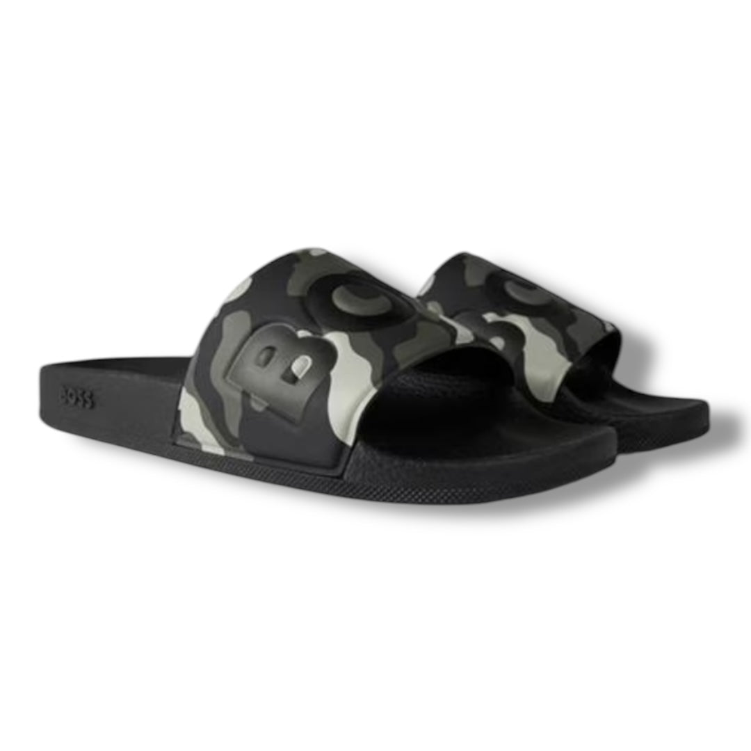HUGO BOSS LOGO POOL SLIDERS GREEN CAMO
