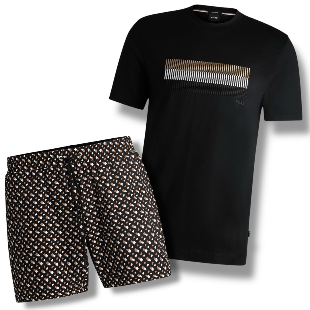 HUGO BOSS TRI STRIPE T-SHIRT & ALL OVER LOGO SWIM SHORTS SET BLACK