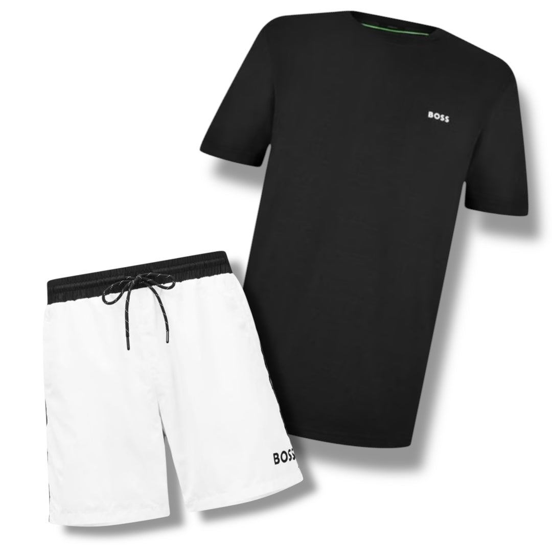 HUGO BOSS SMALL LOGO T-SHIRT & SWIM SHORTS COMBO BLACK / WHITE