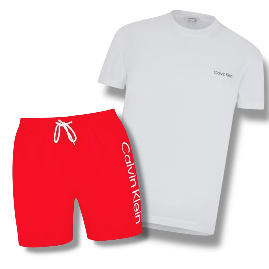 CALVIN KLEIN T-SHIRT & SWIM SHORTS COMBO WHITE / RED