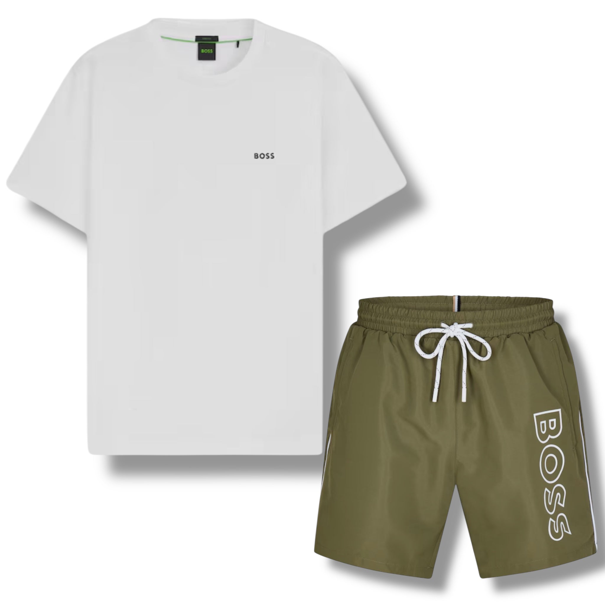 HUGO BOSS SMALL LOGO T-SHIRT & VERTI SWIM SHORTS SET WHITE & KHAKI GREEN
