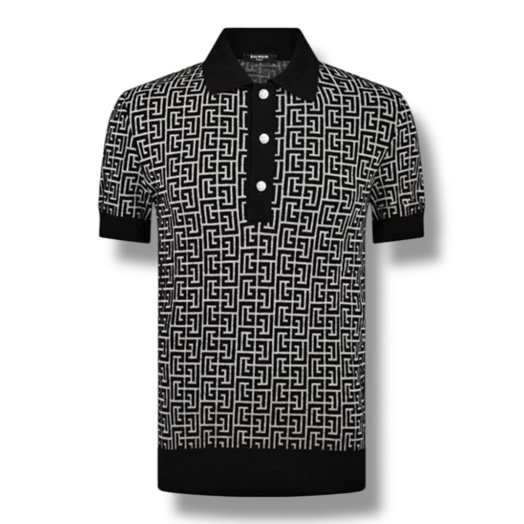 BALMAIN ALL OVER LOGO KNIT POLO BLACK / WHITE