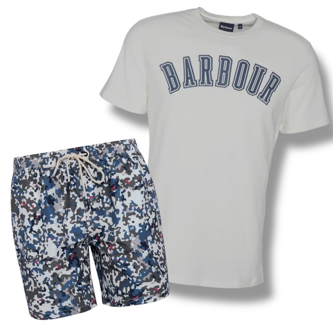 BARBOUR BIG LOGO T-SHIRT & SWIM SHORTS COMBO WHITE - DIGITAL CAMO