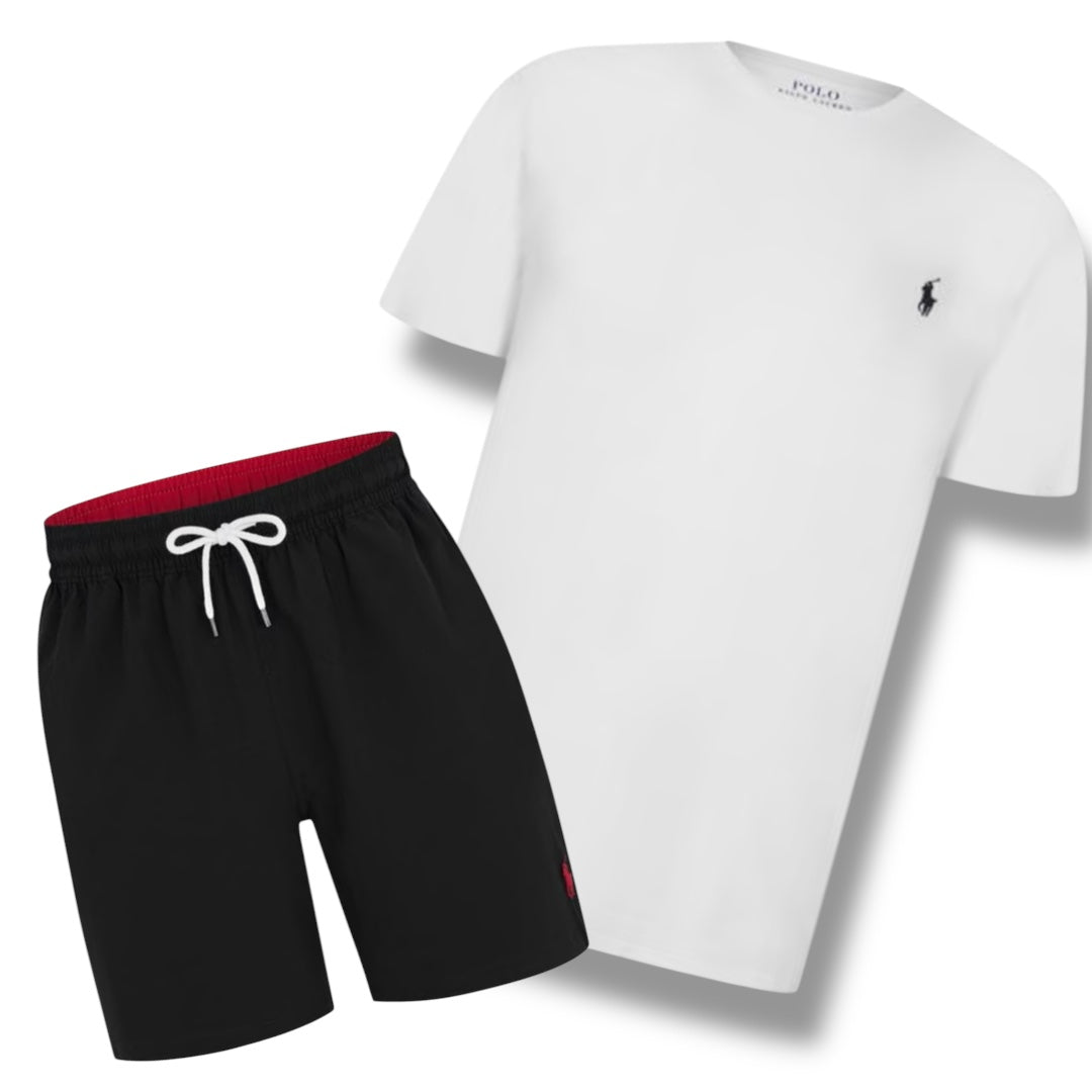 RALPH LAUREN T-SHIRT & SWIM SHORTS COMBO WHITE / BLACK
