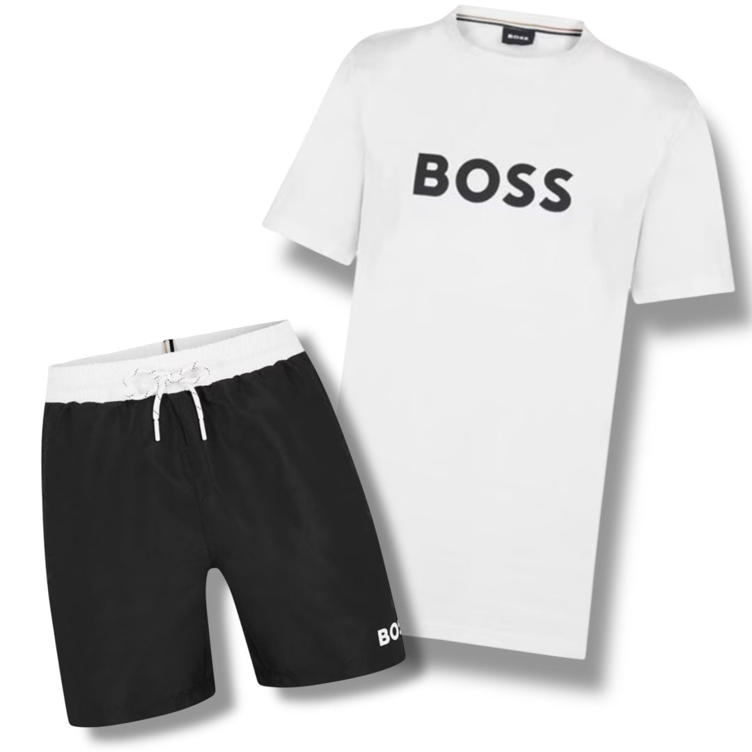 HUGO BOSS BIG LOGO T-SHIRT & SWIM SHORTS COMBO WHITE / BLACK