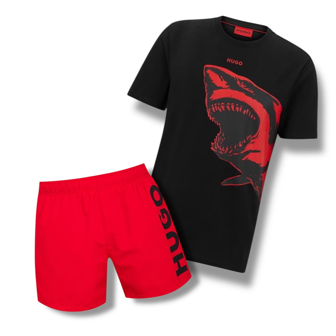 HUGO SHARK T-SHIRT & SWIM VERTI SHORTS COMBO BLACK / RED