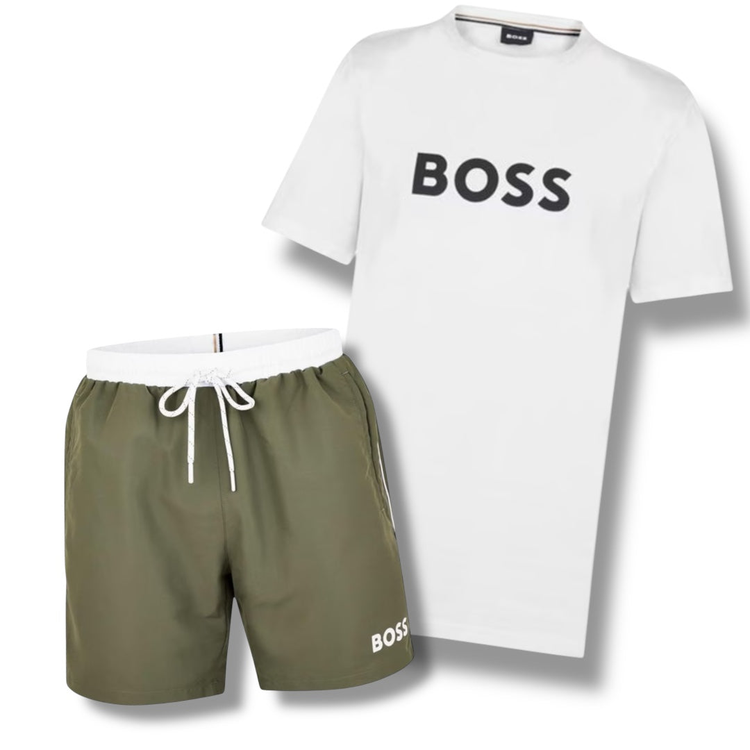 HUGO BOSS BIG LOGO T-SHIRT & SWIM SHORTS COMBO WHITE / KHAKI
