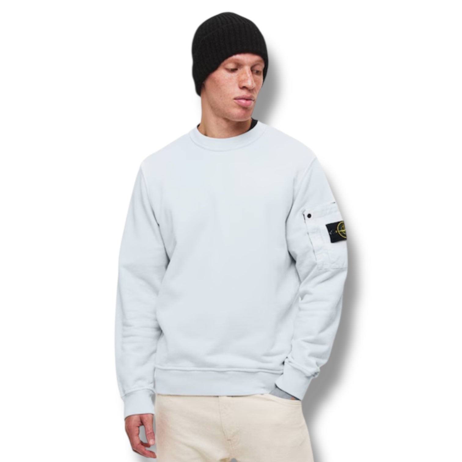 STONE ISLAND ZIP ARM POCKET CREW NECK SWEATSHIRT SKY BLUE