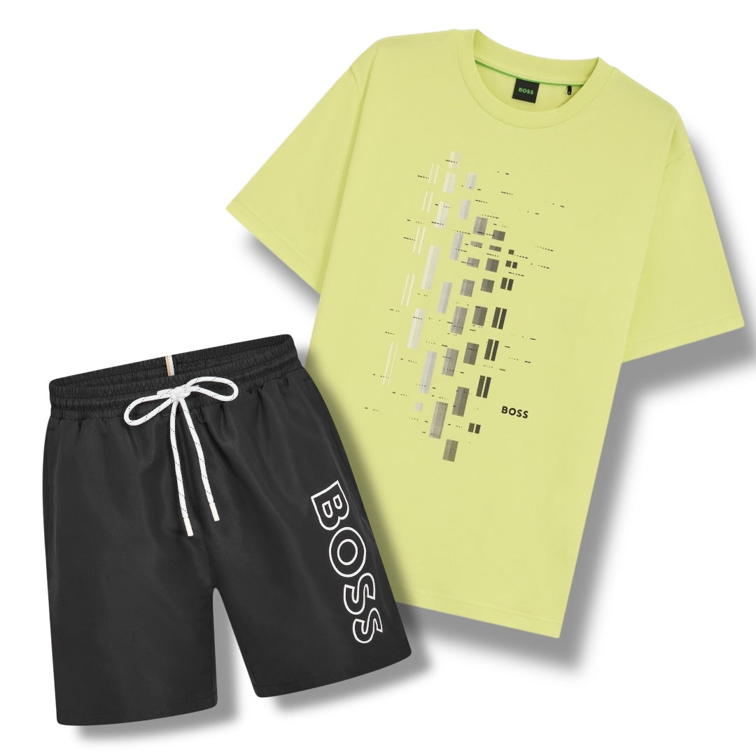 HUGO BOSS GEO LOGO T-SHIRT & VERTI SWIM SHORTS SET LIME GREEN & BLACK
