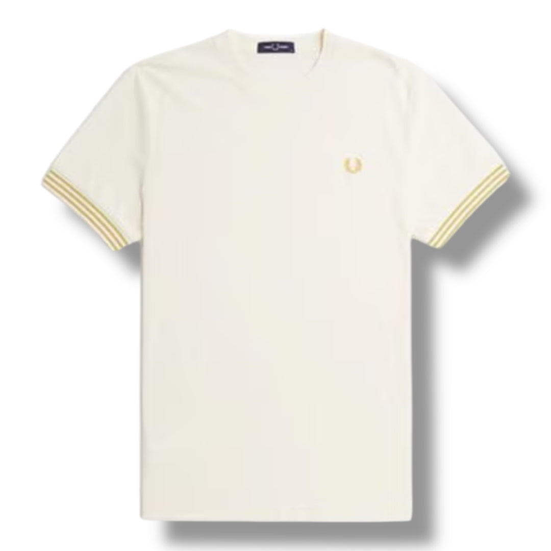 FRED PERRY STRIPE CUFF T-SHIRT ECRU BEIGE