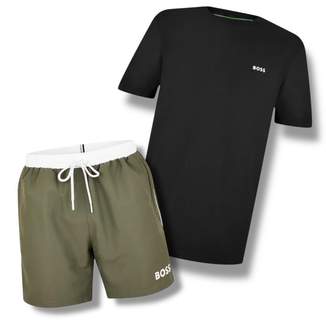 HUGO BOSS SMALL LOGO T-SHIRT & SWIM SHORTS COMBO BLACK / KHAKI