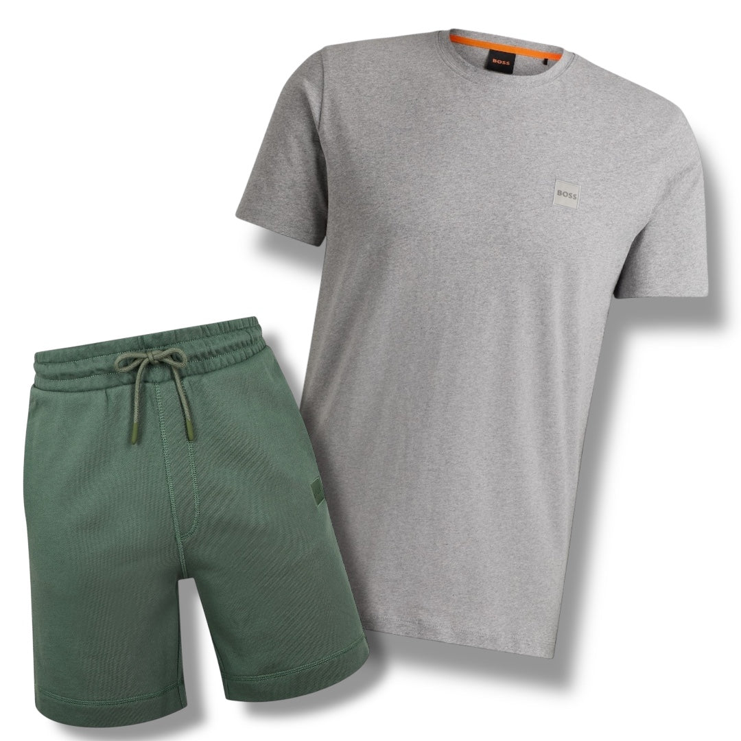 HUGO BOSS PATCH T-SHIRT & JERSEY SHORTS SET LIGHT GREY & GREEN
