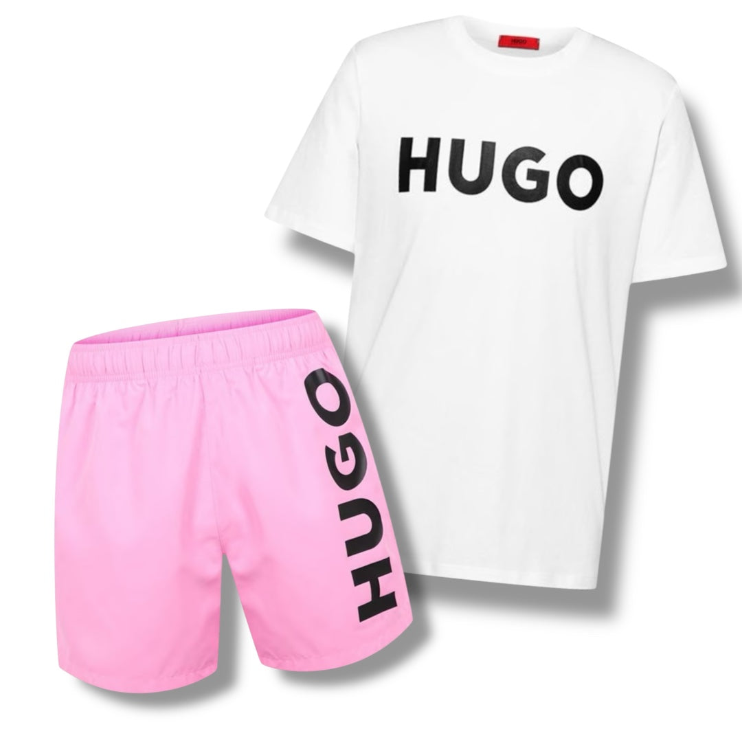 HUGO BIG LOGOT-SHIRT & VERTI SWIM SHORTS COMBO WHITE / PINK